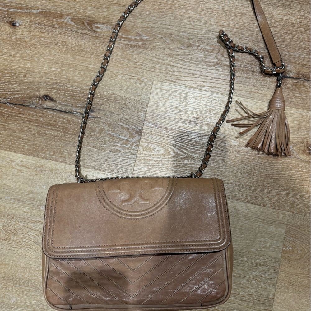 Tan Tory Burch Cross body with Silver Hardware